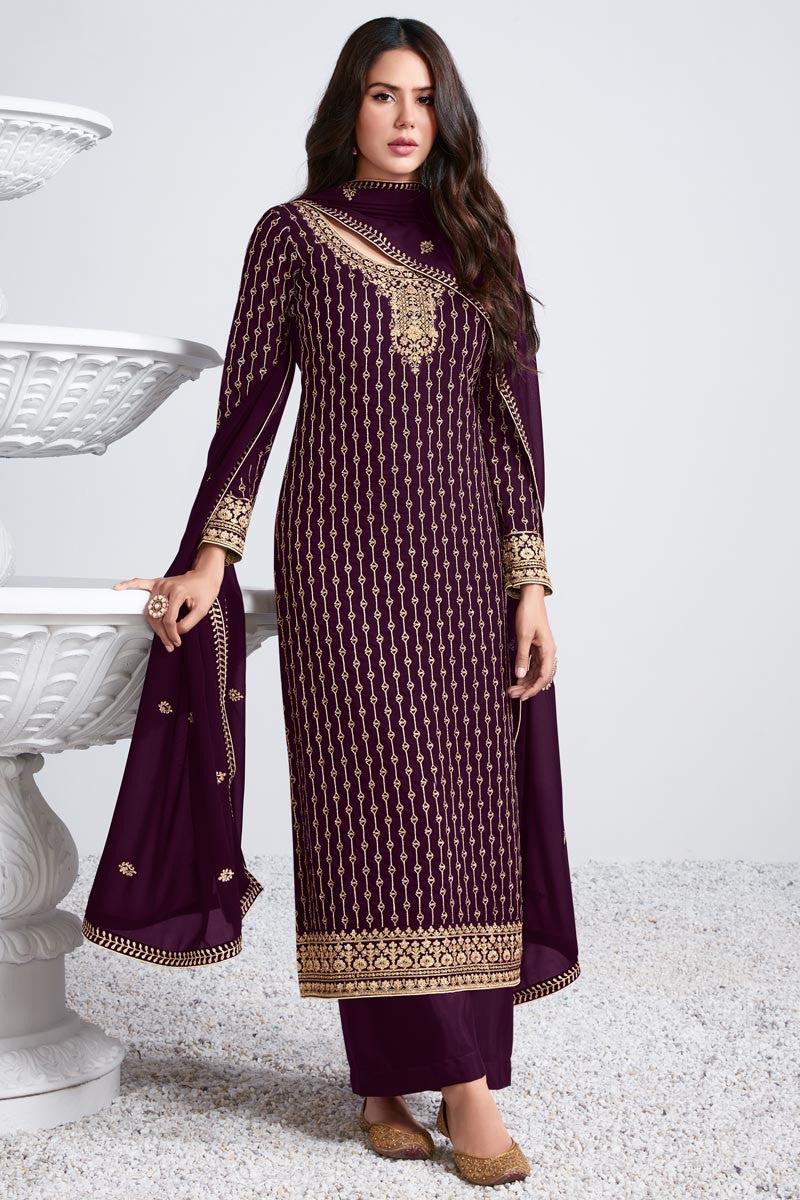 Sonam Bajwa Wine Color Georgette Fabric Tempting Festive Look Anarkali Suit